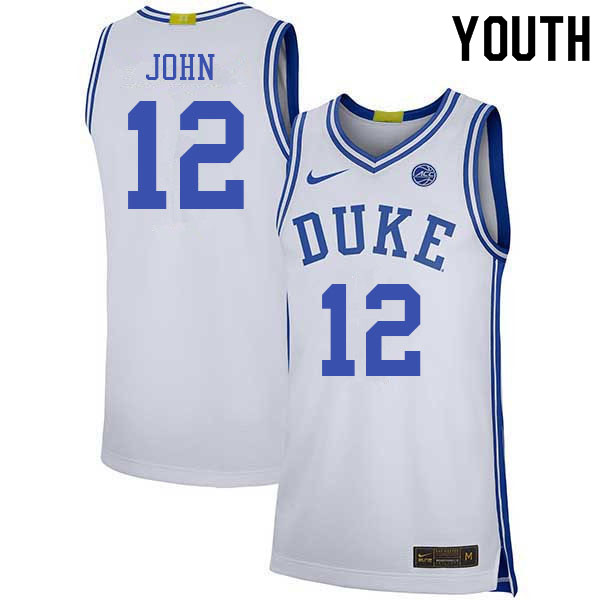 Youth #12 Theo John Duke Blue Devils College Basketball Jerseys Sale-White - Click Image to Close